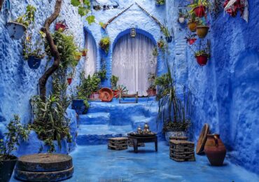 a blue alley with potted plants and a bench